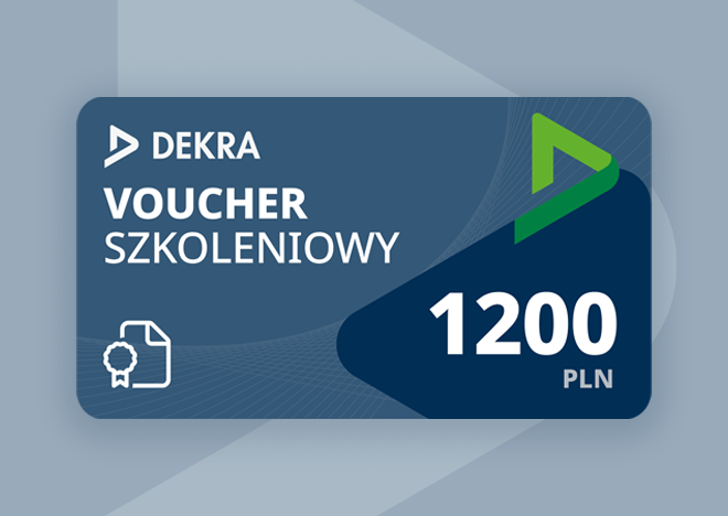 Voucher szkoleniowy DEKRA o wartości 1200 zł. Widoczne logo DEKRA, kwota oraz symbol dokumentu z odznaką.