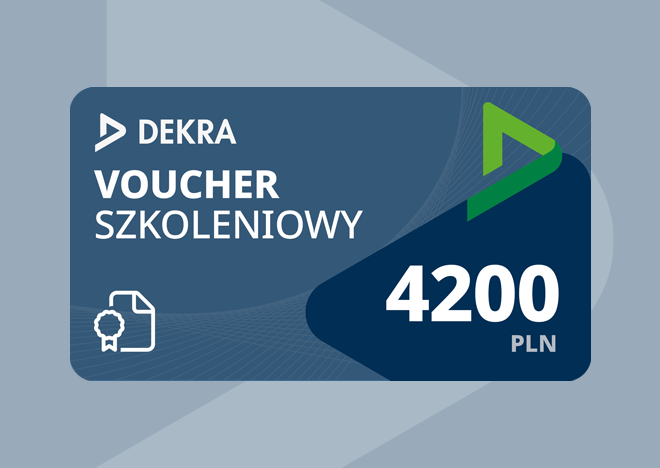 Voucher na szkolenia DEKRA o wartości 4200 zł. Logo DEKRA, kwota 4200 zł oraz symbol dokumentu z odznaką.