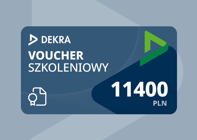 Voucher na szkolenia otwarte DEKRA o wartości 11400 zł. Voucher z wyraźną kwotą i graficznymi akcentami w odcieniach niebieskiego.
