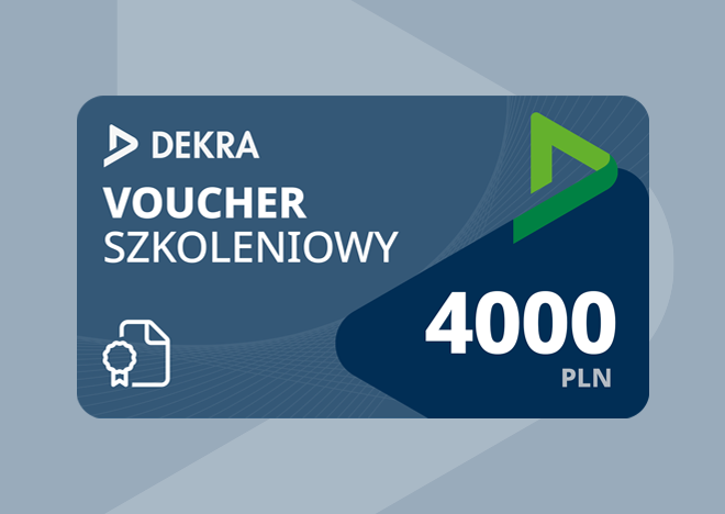 Voucher na szkolenia otwarte DEKRA o wartości 4000 zł. Voucher z wyraźną kwotą i graficznymi akcentami w odcieniach niebieskiego.