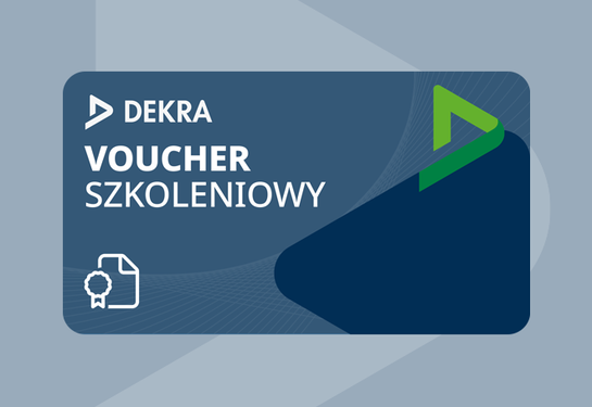 Voucher na szkolenia otwarte. Logo DEKRA oraz symbol dokumentu z odznaką.