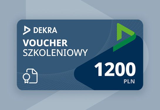 Voucher szkoleniowy DEKRA o wartości 1200 zł. Widoczne logo DEKRA, kwota oraz symbol dokumentu z odznaką.