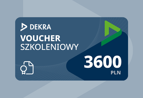 Voucher na szkolenia otwarte DEKRA o wartości 3600 zł. Voucher z wyraźną kwotą i graficznymi akcentami w odcieniach niebieskiego.