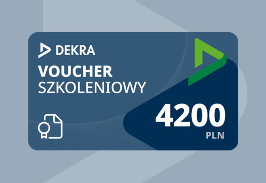 Voucher na szkolenia DEKRA o wartości 4200 zł. Logo DEKRA, kwota 4200 zł oraz symbol dokumentu z odznaką.