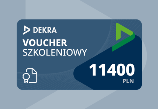 Voucher na szkolenia otwarte DEKRA o wartości 11400 zł. Voucher z wyraźną kwotą i graficznymi akcentami w odcieniach niebieskiego.