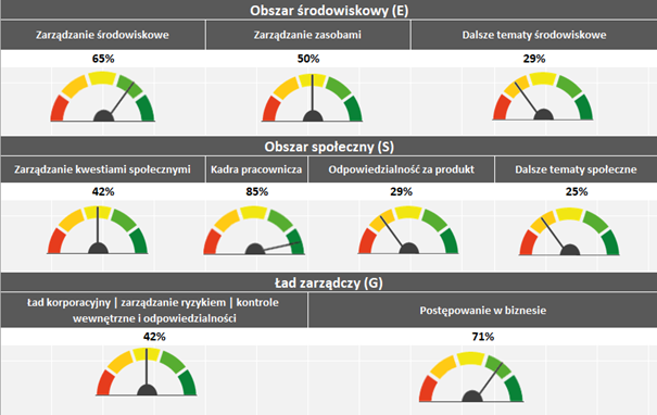 'Infografika przedstawiająca część raportu oceny dojrzałości ESG od DEKRA z procentowym ujęciem obszarów ESG'